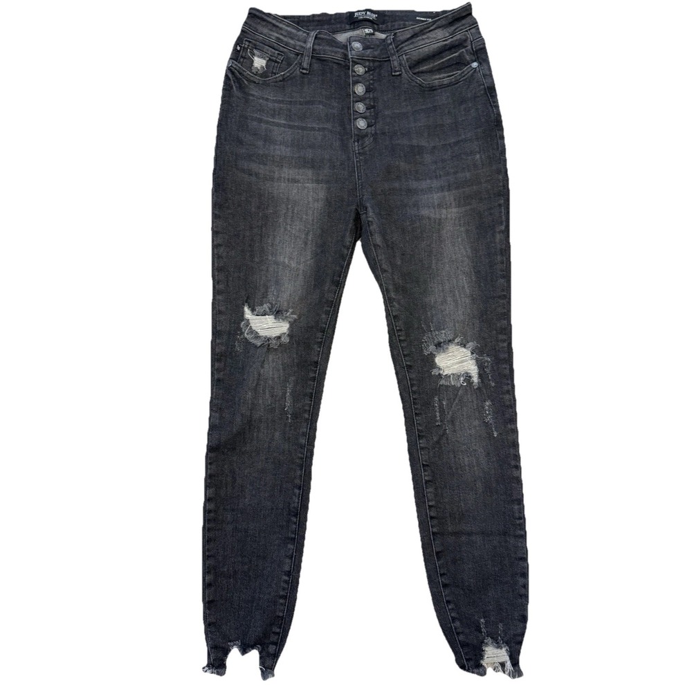 Judy Blue Jeans Women's 29 Black Wash Distressed High Rise Button Fly Skinny